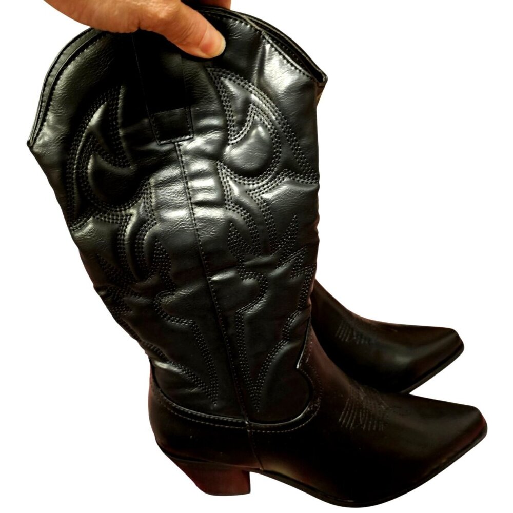 Justfab Womens Black Western Style Cowboy Boots Pointed Toe Mid-Calf Block Heel
